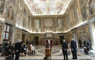 Pope Francis addresses new ambassadors accredited to the Holy See in the Vatican’s Clementine Hall, May 21, 2021. Vatican Media.